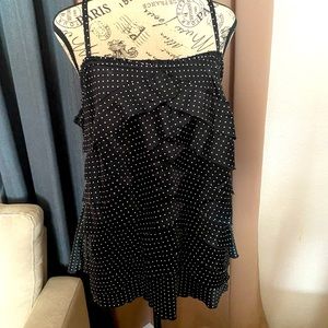 Black and white polka dot ruffle layered camisole with unfinished edge. Satin 1x